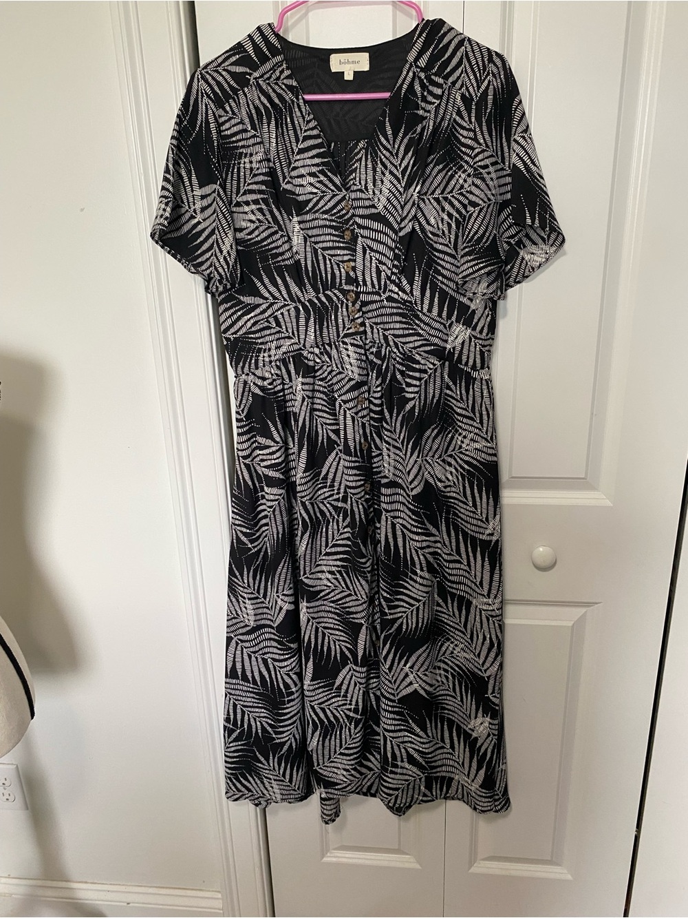 Bohme Black and White Palm-Print Midi Dress